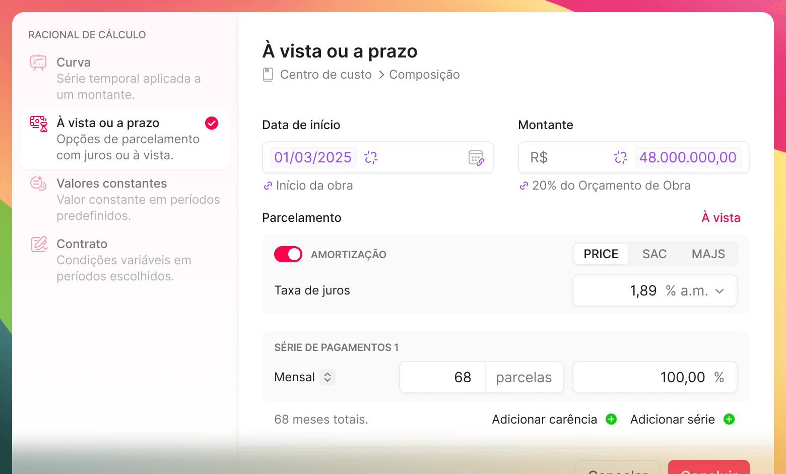 Imagem exibindo a janela de cadastro de um plano de pagamento do tipo "à vista ou a prazo."