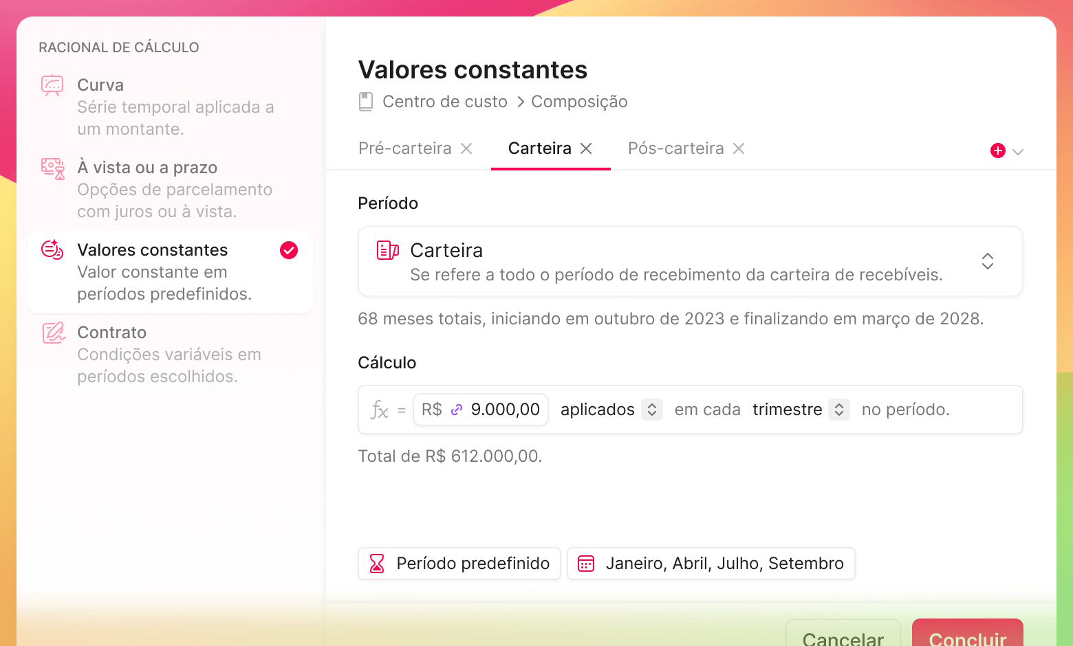 Imagem exibindo a janela de cadastro de um plano de pagamento do tipo "valores constantes."