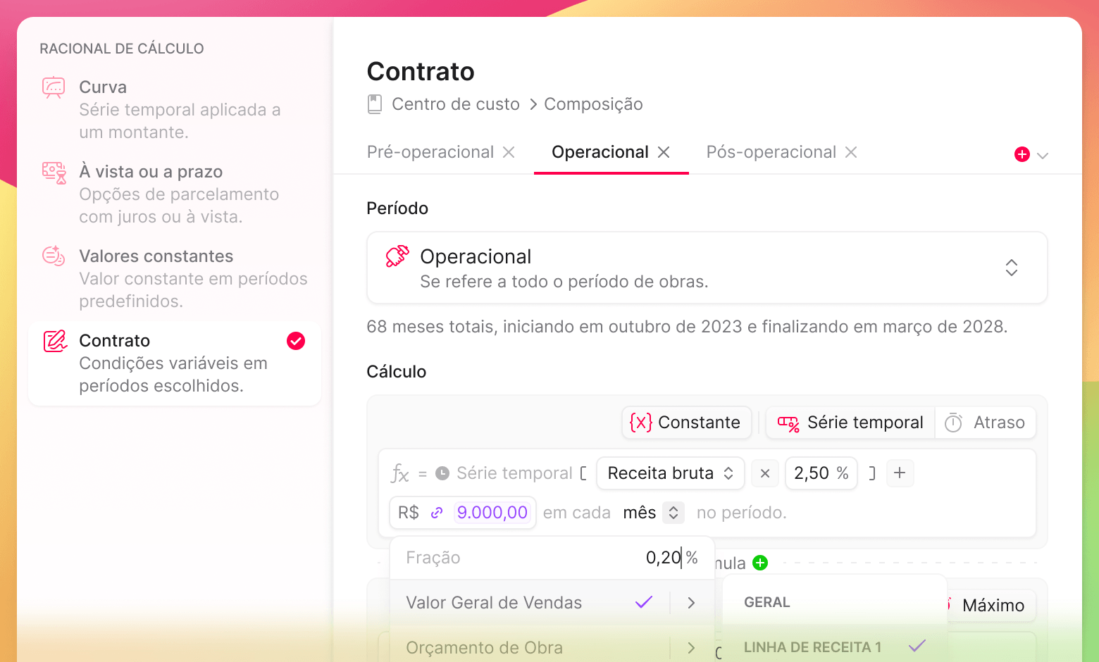Imagem exibindo a janela de cadastro de um plano de pagamento do tipo "contrato."