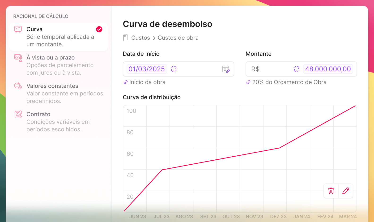 Imagem exibindo a janela de cadastro de um plano de pagamento do tipo "curva de desembolso."